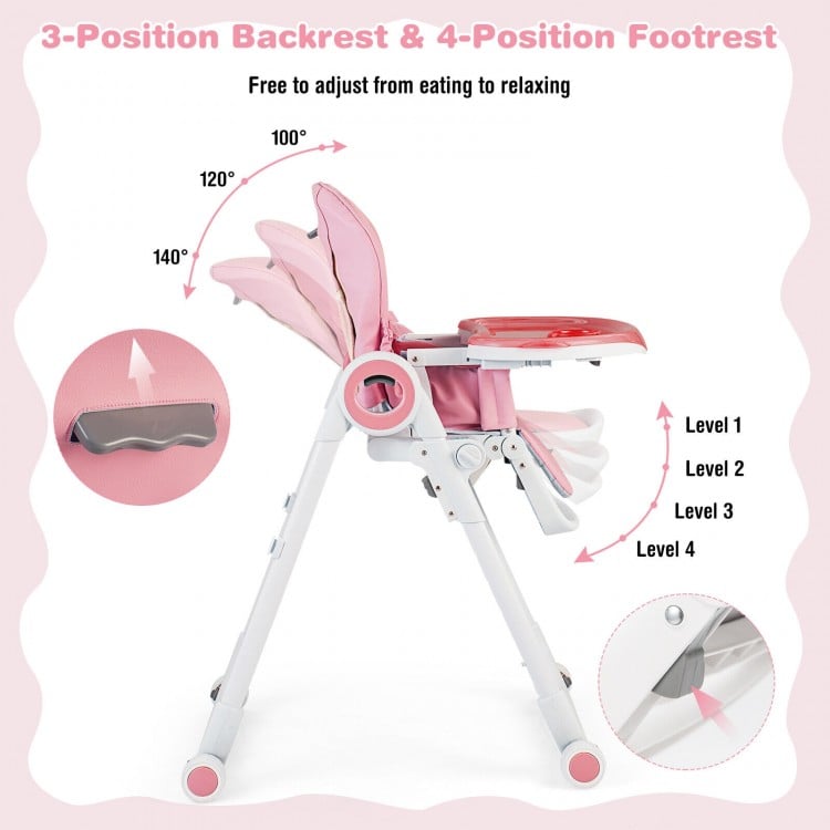 Baby High Chair Foldable Feeding Chair with 4 Lockable Wheels-PinkCostway Gallery View 8 of 10