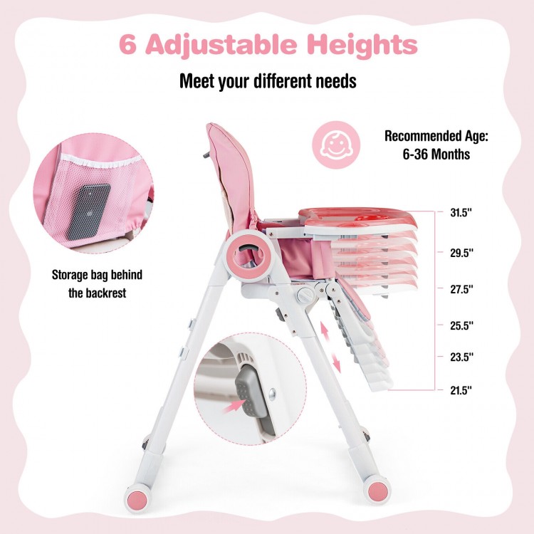 Baby High Chair Foldable Feeding Chair with 4 Lockable Wheels-PinkCostway Gallery View 9 of 10