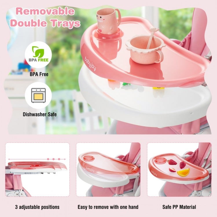 Baby High Chair Foldable Feeding Chair with 4 Lockable Wheels-PinkCostway Gallery View 10 of 10