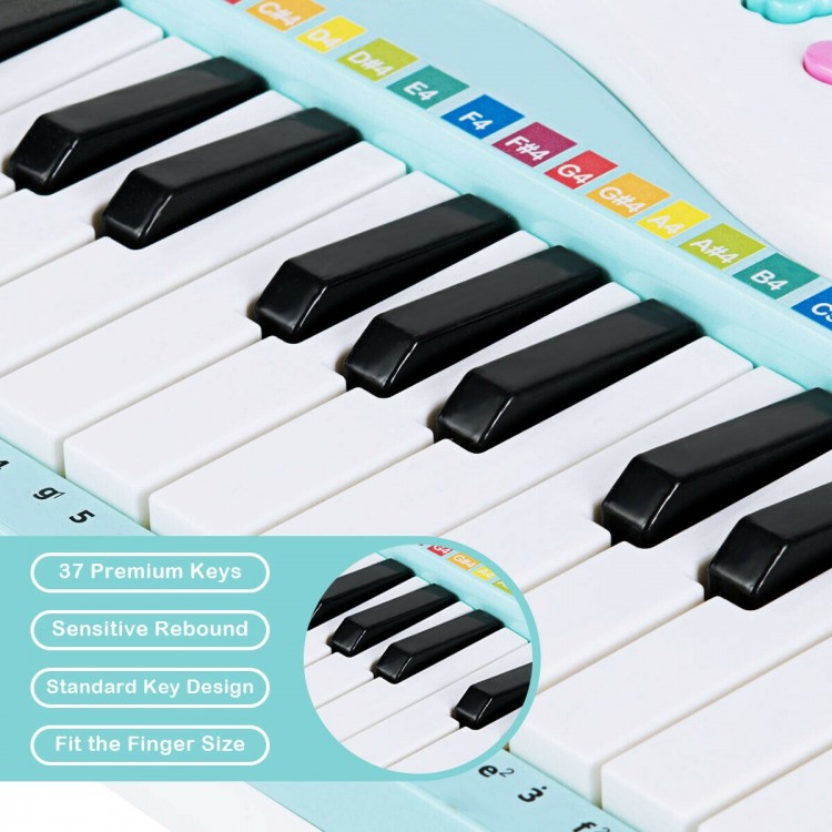 Close-up of the 37-key multifunctional electric keyboard piano in blue, featuring sensitive rebound keys for kids.