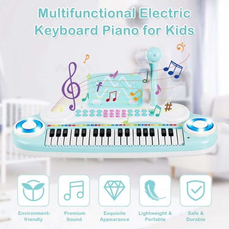 Multifunctional 37-key electric keyboard piano in blue with microphone, designed for kids' creativity and safe play.
