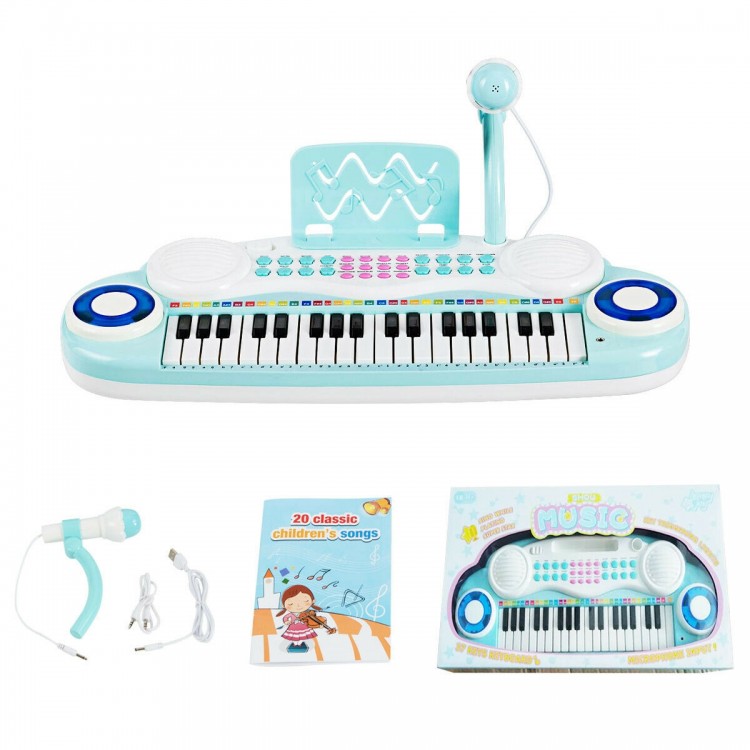 Multifunctional 37-key electric keyboard piano in blue with microphone, designed for kids' creativity and musical fun.