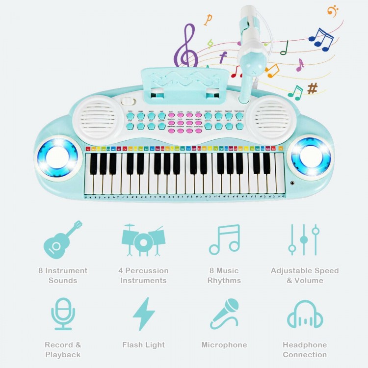 Multifunctional 37-key electric keyboard piano in blue with microphone, recording, and playback features for kids.