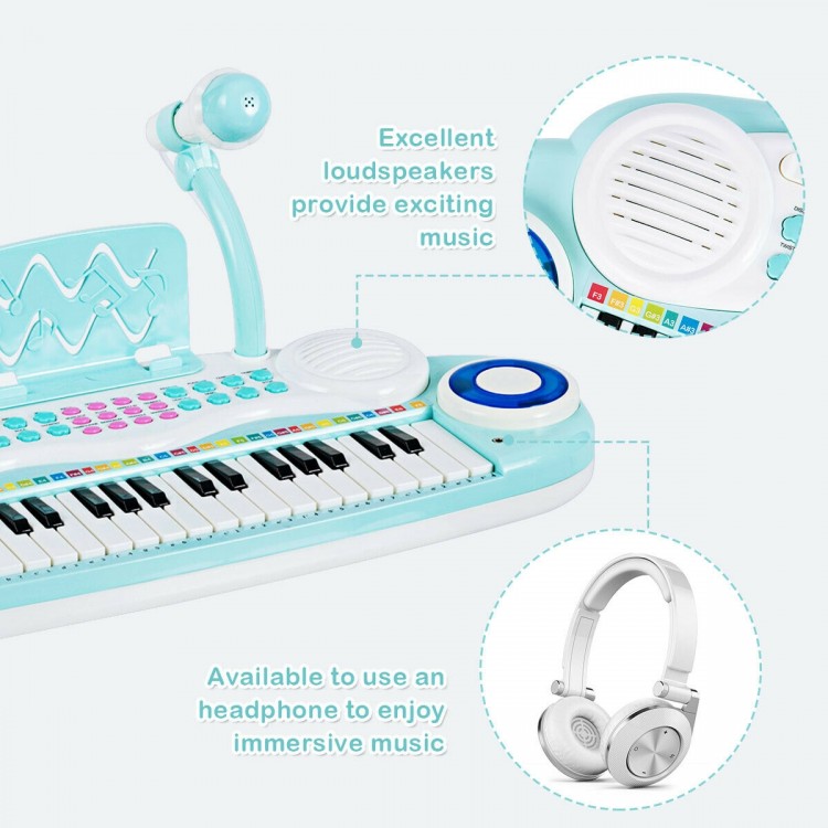Close-up of the multifunctional 37-key electric keyboard piano in blue with microphone and headphone jack for kids'.