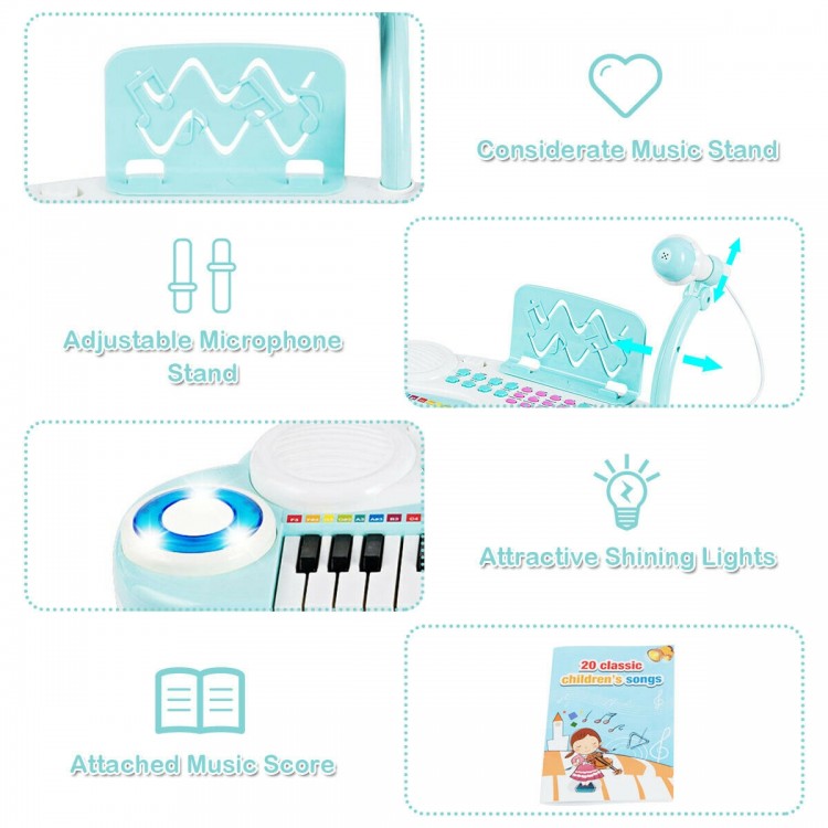 Multifunctional 37-key electric keyboard piano in blue with adjustable microphone stand and music score for kids'.
