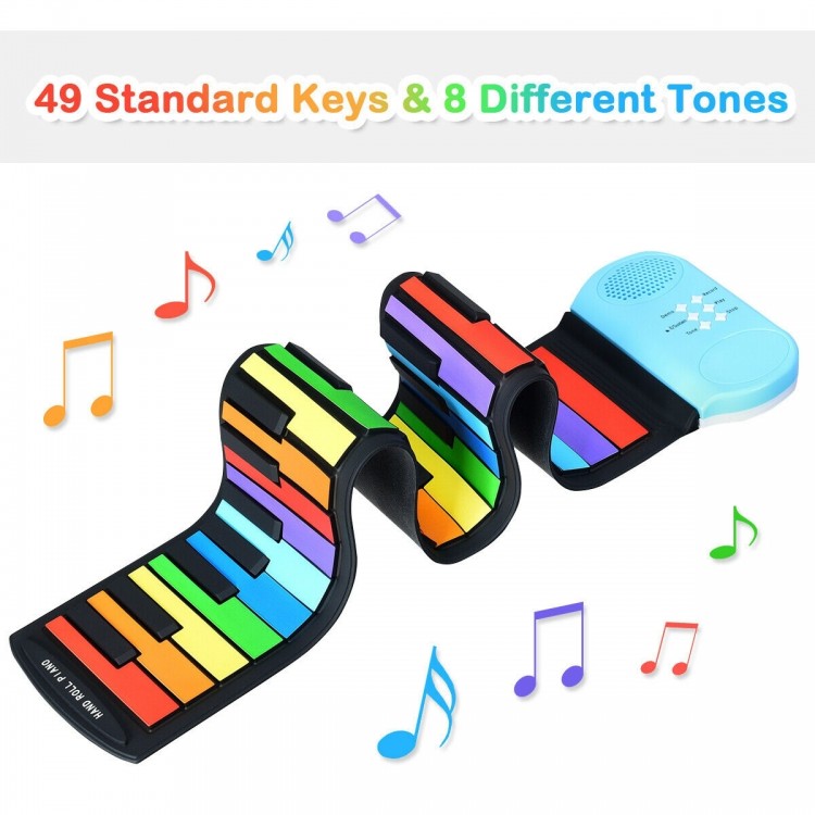 49-key roll-up piano in vibrant colors, made of silicone and ABS, designed for preschoolers and beginners, portable and.