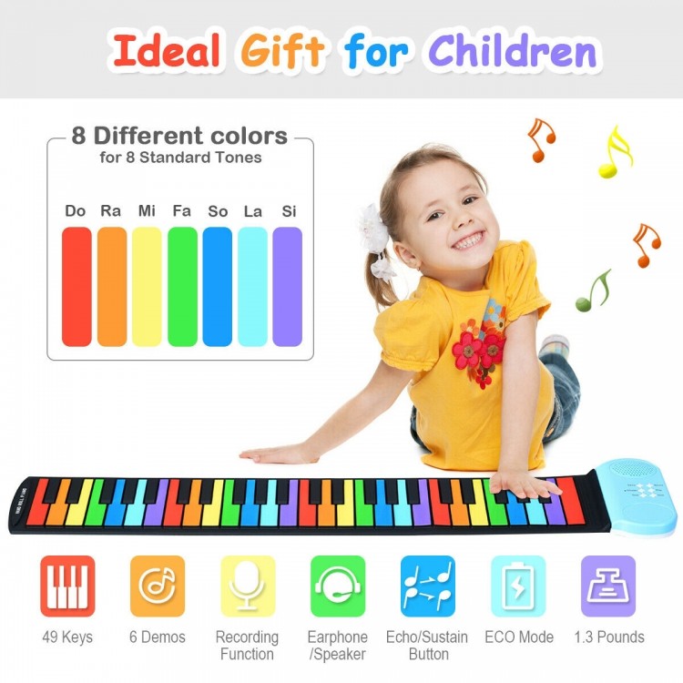 49-key roll-up piano in vibrant colors, made of non-toxic silicone, ideal educational gift for children to develop.