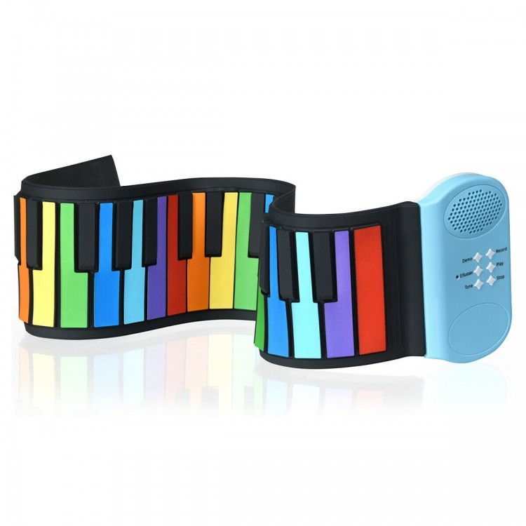 49-key roll-up piano in vibrant colors, made of non-toxic silicone and ABS, designed for preschoolers and beginners.
