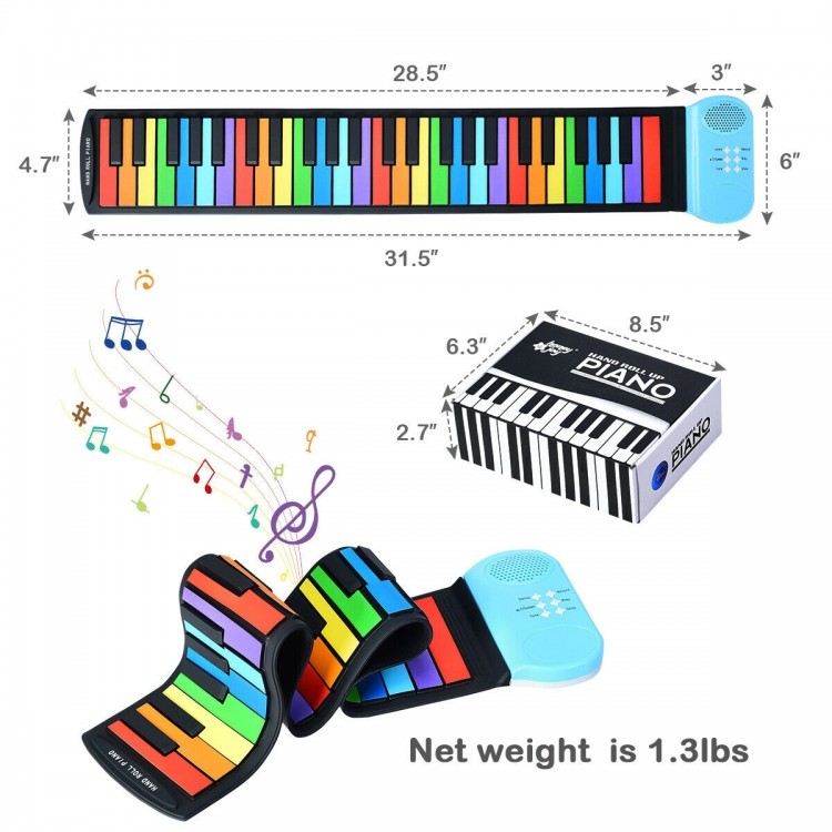 49-key roll-up piano in vibrant colors, made of silicone and ABS, designed for preschoolers and beginners, lightweight.