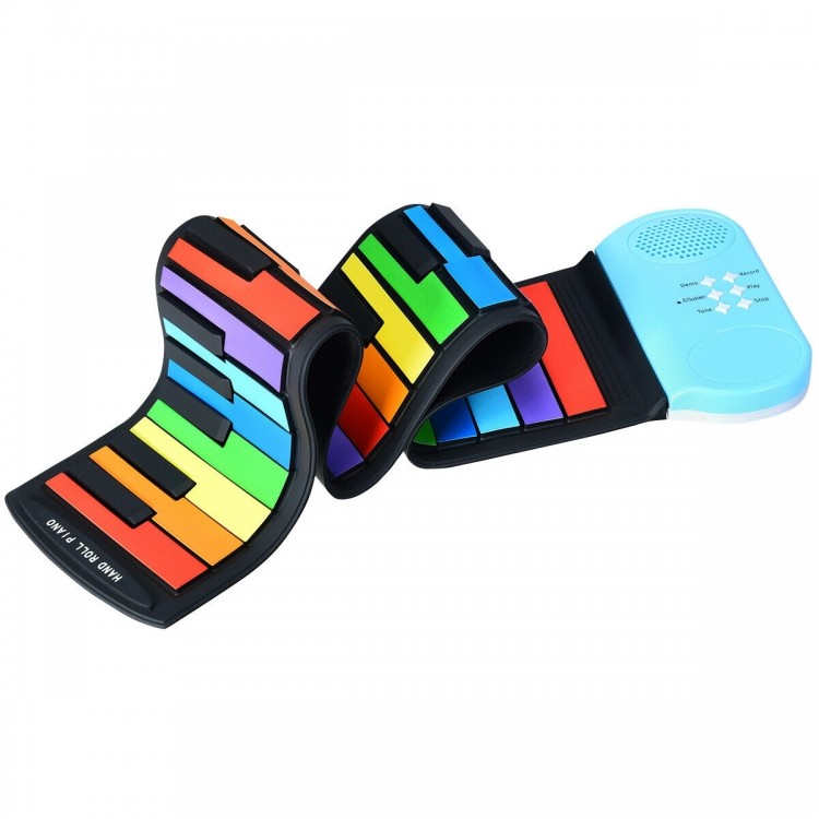 Top view of the 49-key roll-up piano showcasing vibrant colors and keys, designed for preschoolers and easy portability.