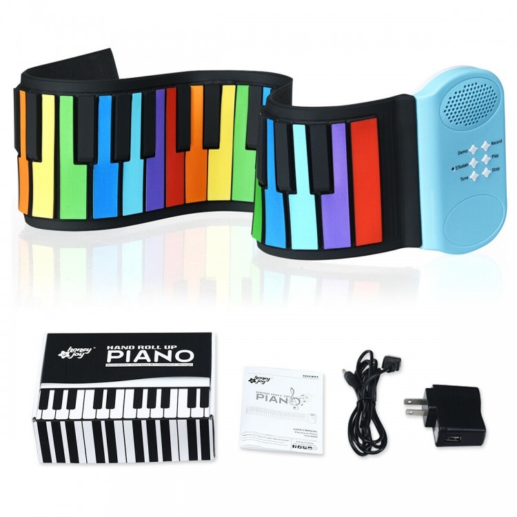 49-key roll-up piano in vibrant colors, made of non-toxic silicone and ABS, perfect for preschoolers and beginners.