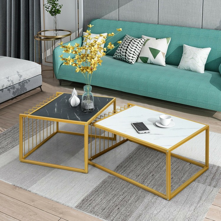 Set of 2 modern stackable side tables with faux marble tops in black and white, perfect for living room decor.