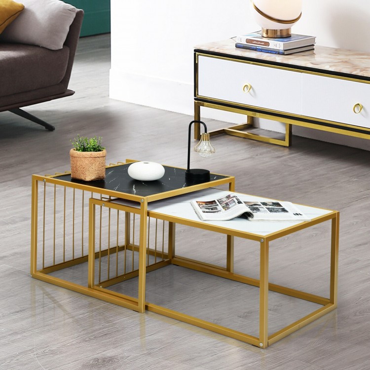 Modern stackable side tables with faux marble tops in black and gold, perfect for versatile home decor.