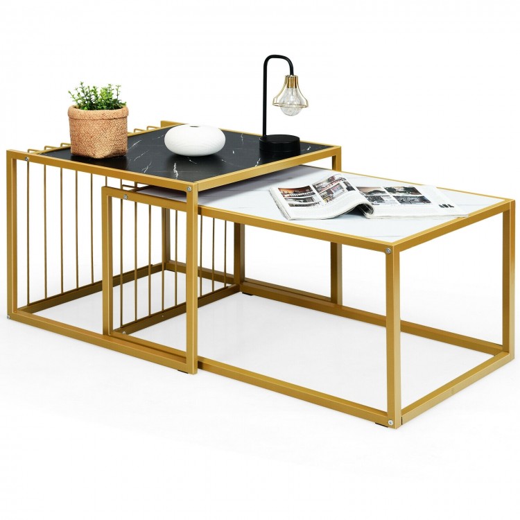 Modern stackable side table with faux marble top in black and gold, featuring a sturdy metal frame for stylish decor.