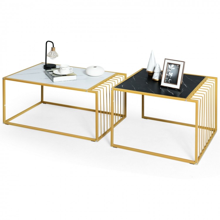 Set of 2 modern stackable side tables with faux marble tops and gold metal frames, perfect for versatile home decor.