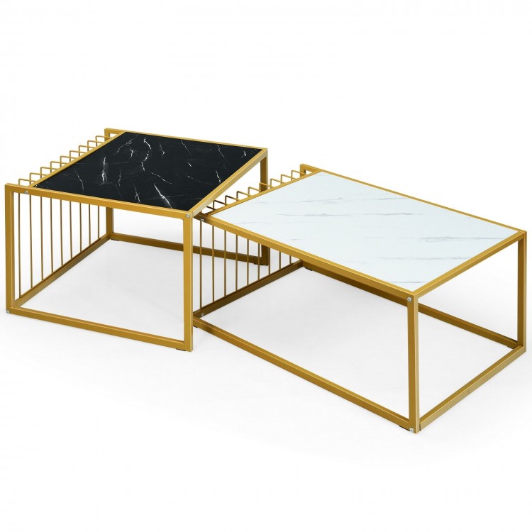 Set of 2 modern stackable side tables with faux marble tops in black and white, featuring a sturdy gold metal frame.