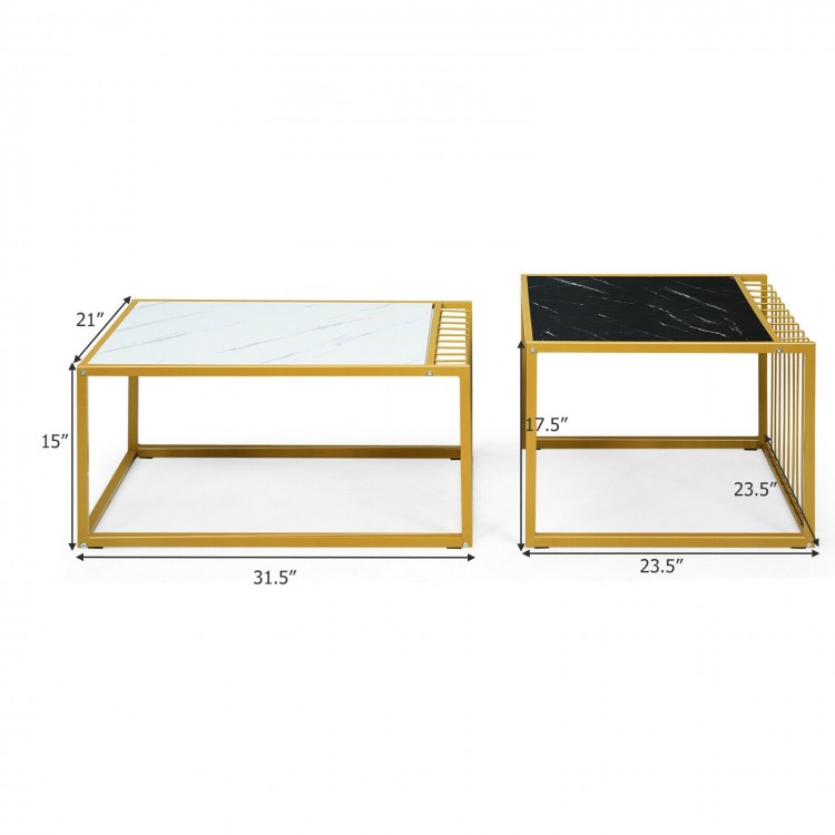 Set of 2 stackable side tables with faux marble tops in black and white, featuring a sturdy metal structure for.