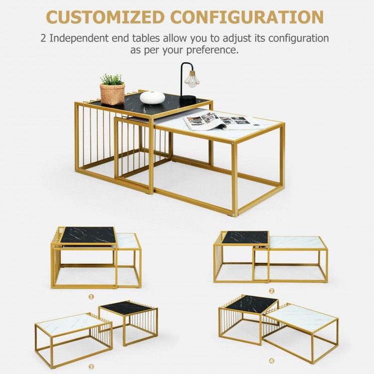 Modern stackable side table set with faux marble tabletop in black and white, perfect for versatile home decor.