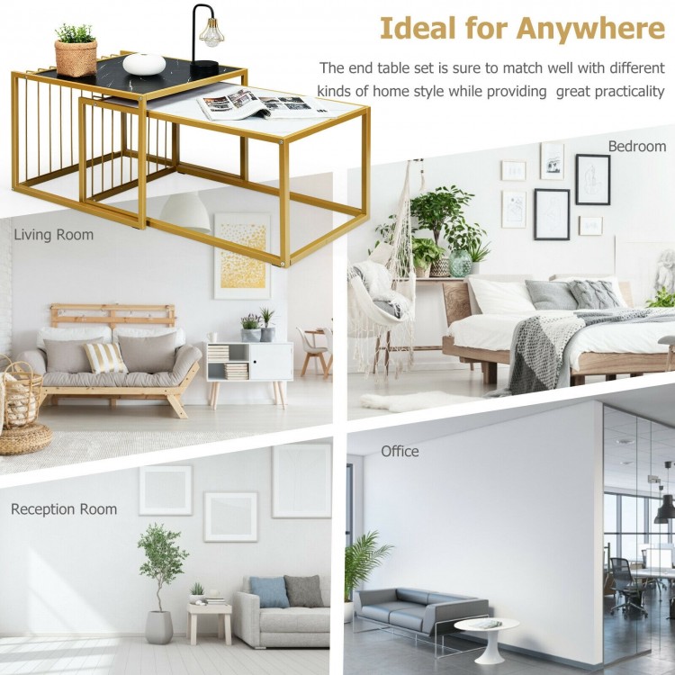 Modern stackable side table set with faux marble tabletop in black, white, and gold, ideal for versatile home use.