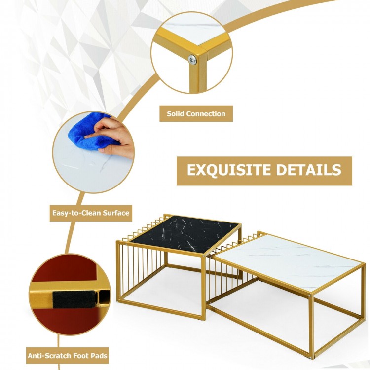 Modern stackable side tables with faux marble tops in black and white, featuring sturdy metal structure and.