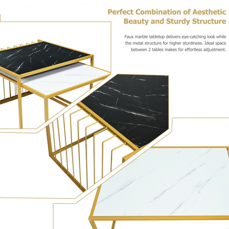 Set of 2 stackable side tables with faux marble tabletops in black and white, ideal for versatile home use.