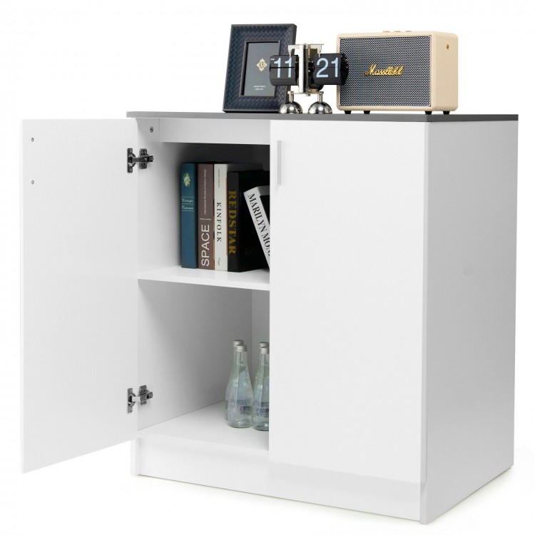 Storage sideboard cabinet with double doors and shelves, featuring a modern design for kitchen or living room.