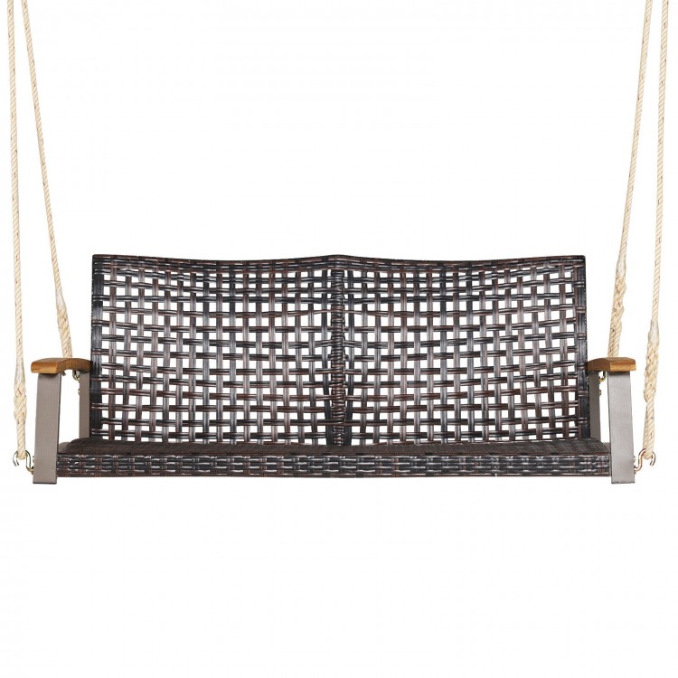 Rattan hanging porch swing chair for 2 with acacia wood armrests, 800 lbs capacity, ideal for outdoor relaxation.