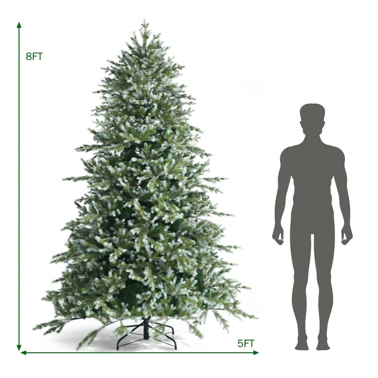 8-foot hinged artificial Christmas spruce tree with mixed PE and PVC tips, featuring a dense appearance and sturdy.