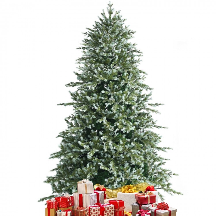 8 feet hinged artificial Christmas spruce tree with mixed PE and PVC tips, surrounded by colorful wrapped gifts.