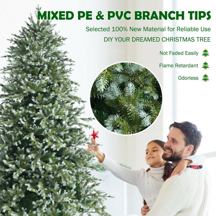 8-foot hinged artificial Christmas spruce tree with mixed PE and PVC tips for a natural look and easy setup.