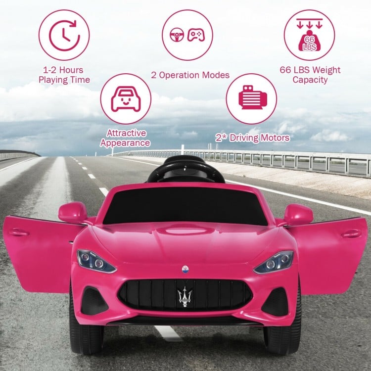 Pink 12V Maserati kids ride-on car with remote control, 2 driving motors, and realistic design for fun outdoor play.