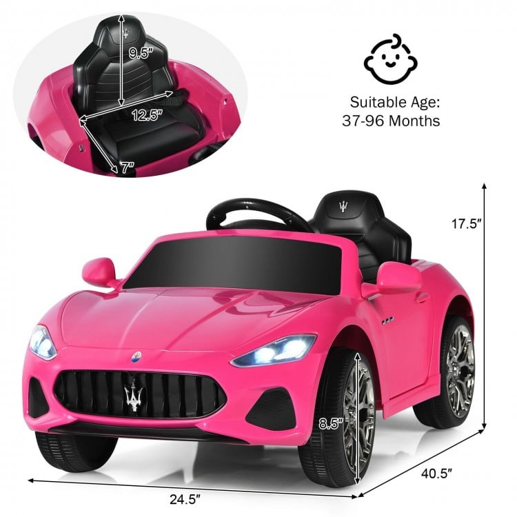 Pink 12V Maserati kids ride-on car with remote control, LED lights, and ergonomic seat for safe outdoor fun.