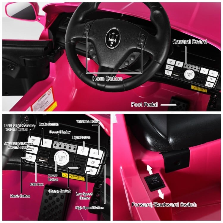 Control board and features of the 12V pink kids ride-on car with remote control, lights, and safety functions.