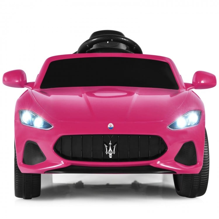 Front view of the pink 12V Maserati kids ride-on car, highlighting the stylish headlights and realistic grille design.