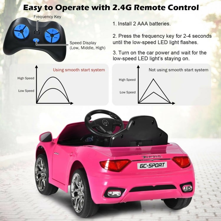 Pink 12V kids ride-on car with remote control, featuring LED lights and a comfortable ergonomic seat for safe play.