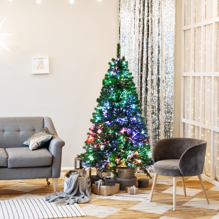 5 ft pre-lit multi-colored fiber optic spruce artificial Christmas tree with a full-bodied natural look for festive.
