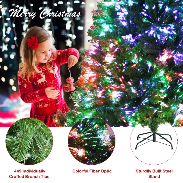 5 ft pre-lit multi-colored fiber optic spruce artificial Christmas tree with sturdy steel stand, perfect for holiday.