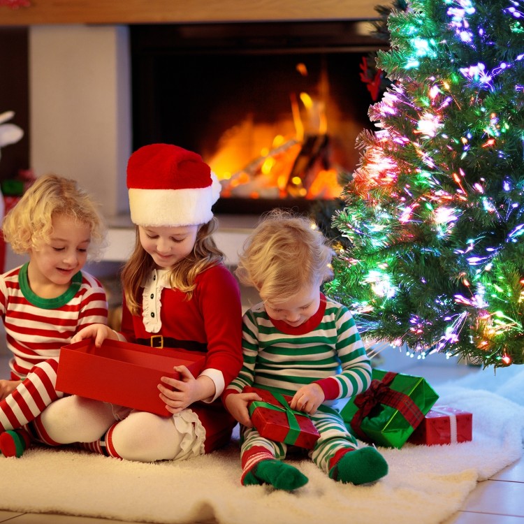 Pre-lit multi-colored fiber optic spruce Christmas tree, 5 ft tall, creating a festive atmosphere in any room.