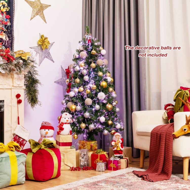 5 ft pre-lit multi-colored fiber optic spruce artificial Christmas tree with gifts, perfect for holiday decorating.