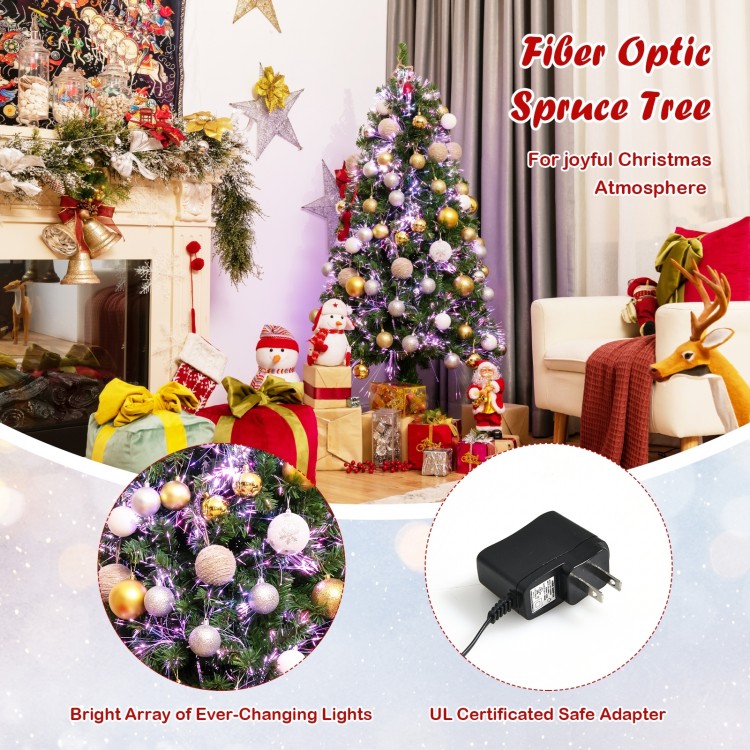 5 ft pre-lit multi-colored fiber optic spruce Christmas tree with bright lights, perfect for festive holiday decor.