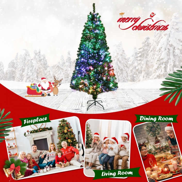 5 ft pre-lit multi-colored fiber optic spruce artificial Christmas tree, perfect for festive holiday decoration.