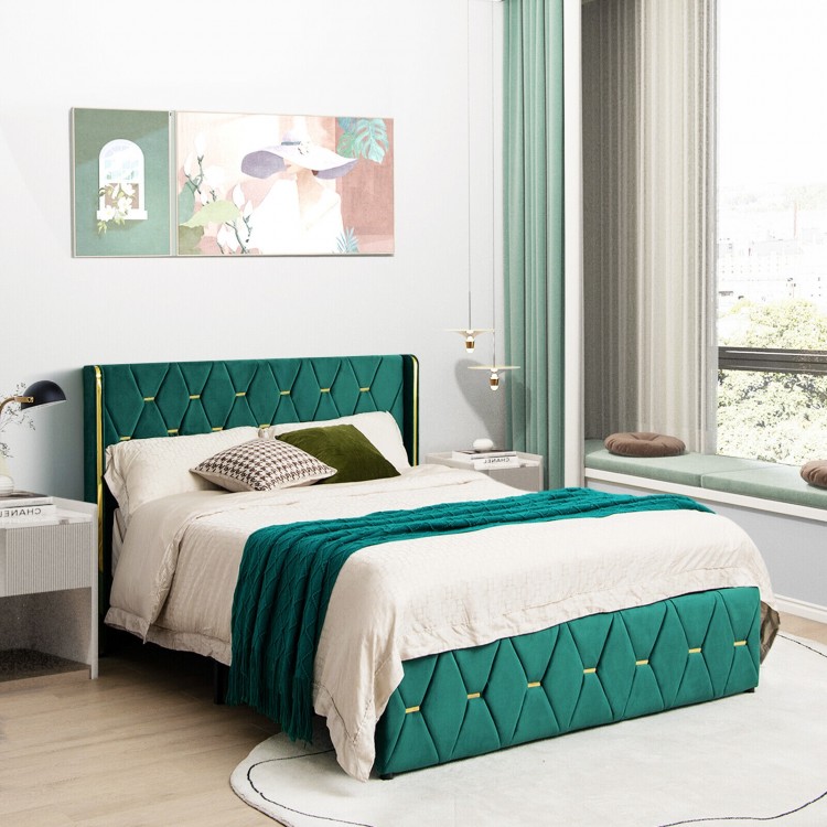 Queen/Full size upholstered platform bed frame with adjustable headboard in green, featuring gold tufted trim and soft.