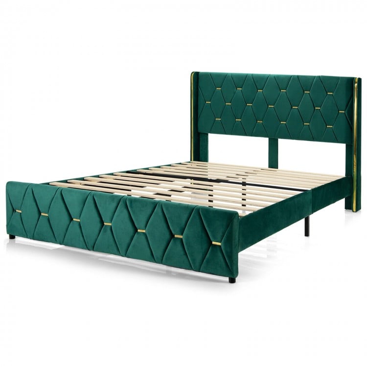 Queen/Full size upholstered platform bed frame in green velvet with adjustable headboard and sturdy wooden slats.