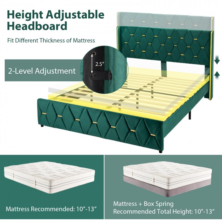 Upholstered platform bed frame with adjustable headboard, suitable for 10"-13" mattresses, featuring a luxurious design.