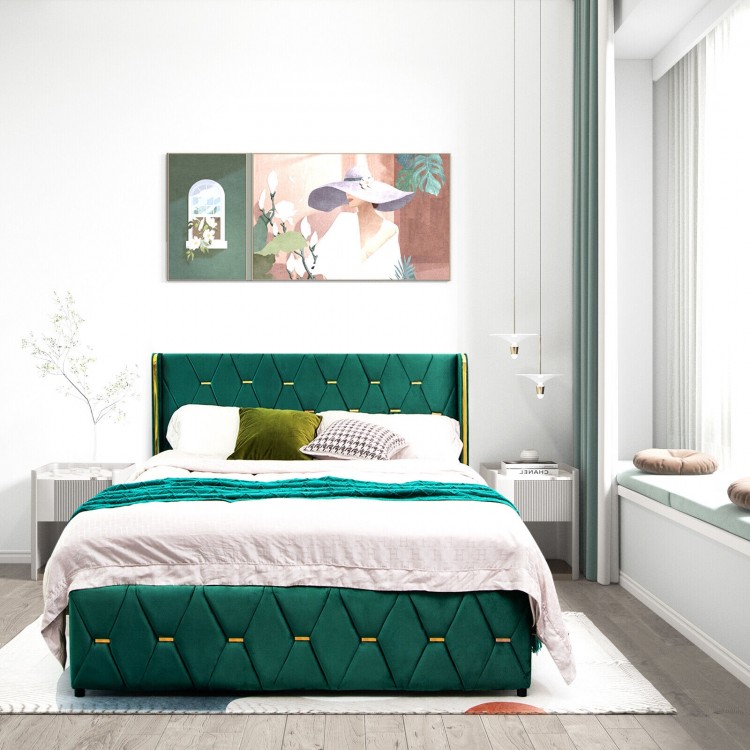 Queen/Full size upholstered platform bed frame with adjustable headboard in green, featuring gold tufted trim and.