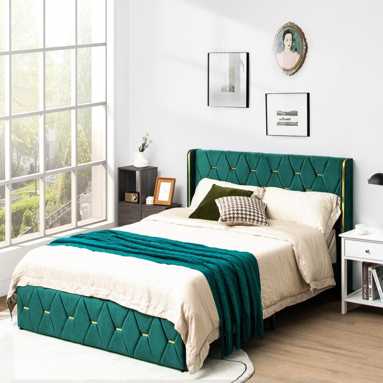 Queen/full size upholstered platform bed frame with adjustable headboard in green fabric, featuring a modern design and.