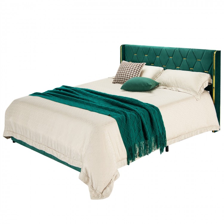 Queen/full size upholstered platform bed frame with adjustable headboard, featuring a luxurious green fabric and sturdy.