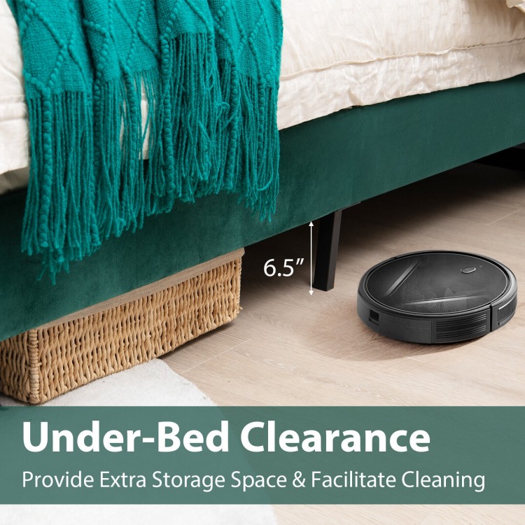 Upholstered platform bed frame with 6.5" under-bed clearance for extra storage and easy cleaning, featuring adjustable.