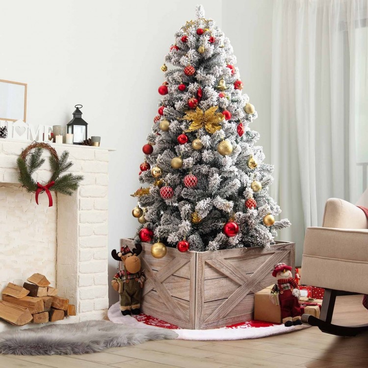 Wooden Christmas tree collar box in brown, featuring a rustic design, suitable for trees with stands under 37 inches.
