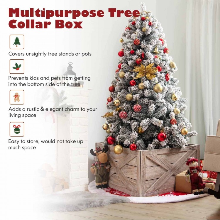 28.5-inch brown wooden tree collar box with rustic design, suitable for Christmas trees under 37 inches, easy to.